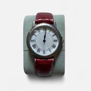 Vintage Coldwater Creek Elegant Silver Watch with Red Leather Strap